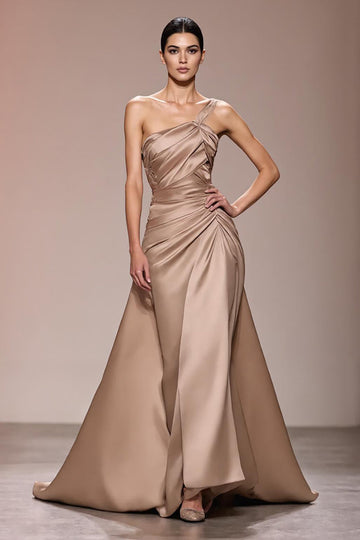 Champagne Satin Ruched One Shoulder Long Formal  Dress